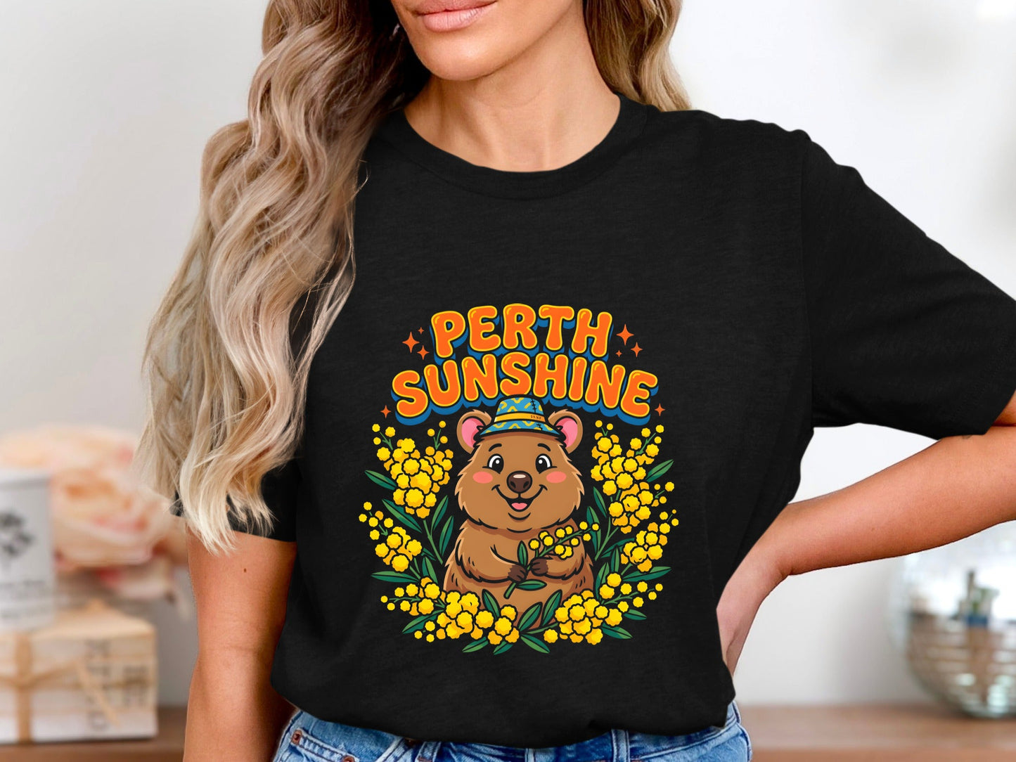 Perth Sunshine Quokka T-Shirt - Yellow Wattle & Flowers