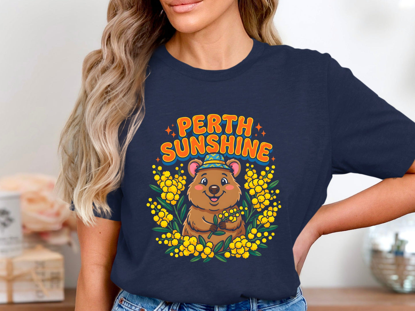 Perth Sunshine Quokka T-Shirt - Yellow Wattle & Flowers
