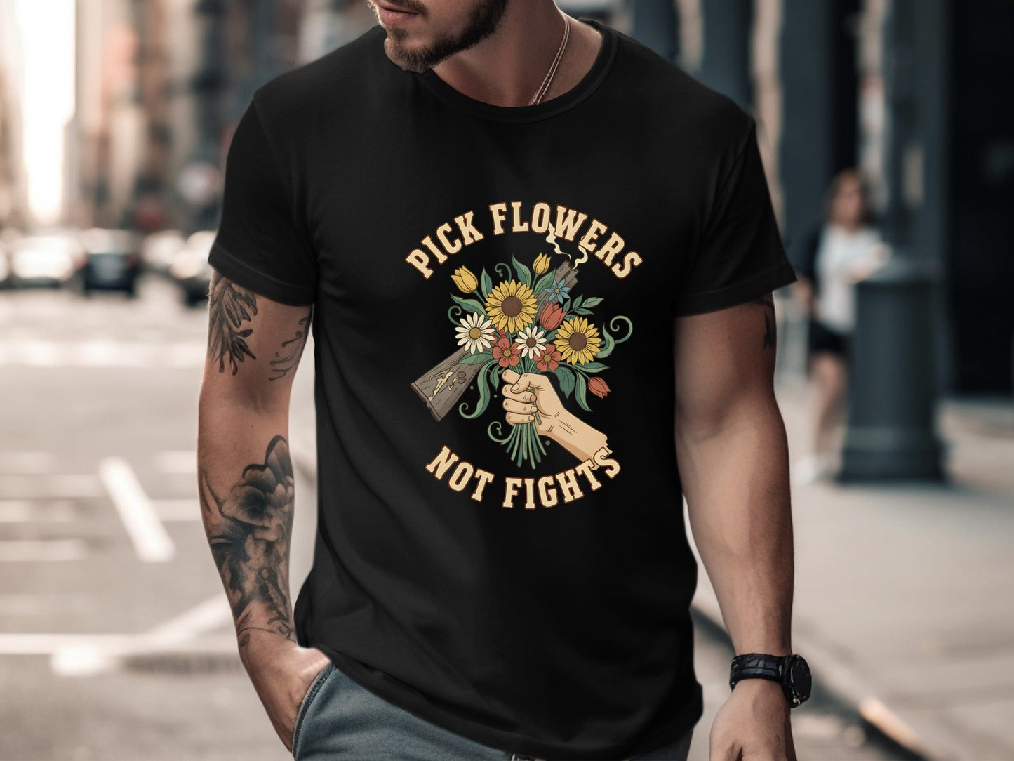 Pick Flowers Not Fights T-Shirt - Anti-War Graphic Tee