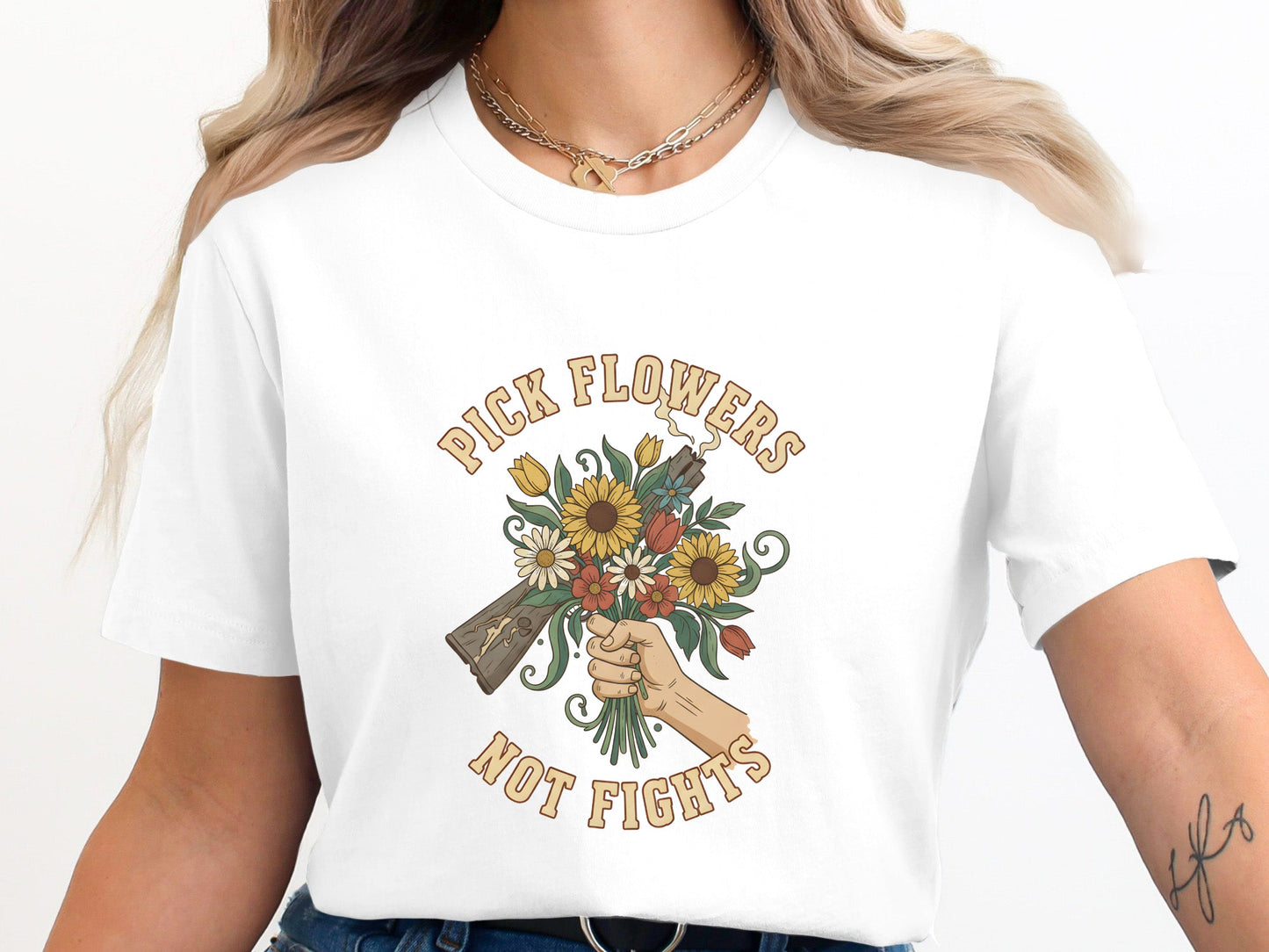 Pick Flowers Not Fights T-Shirt - Anti-War Graphic Tee
