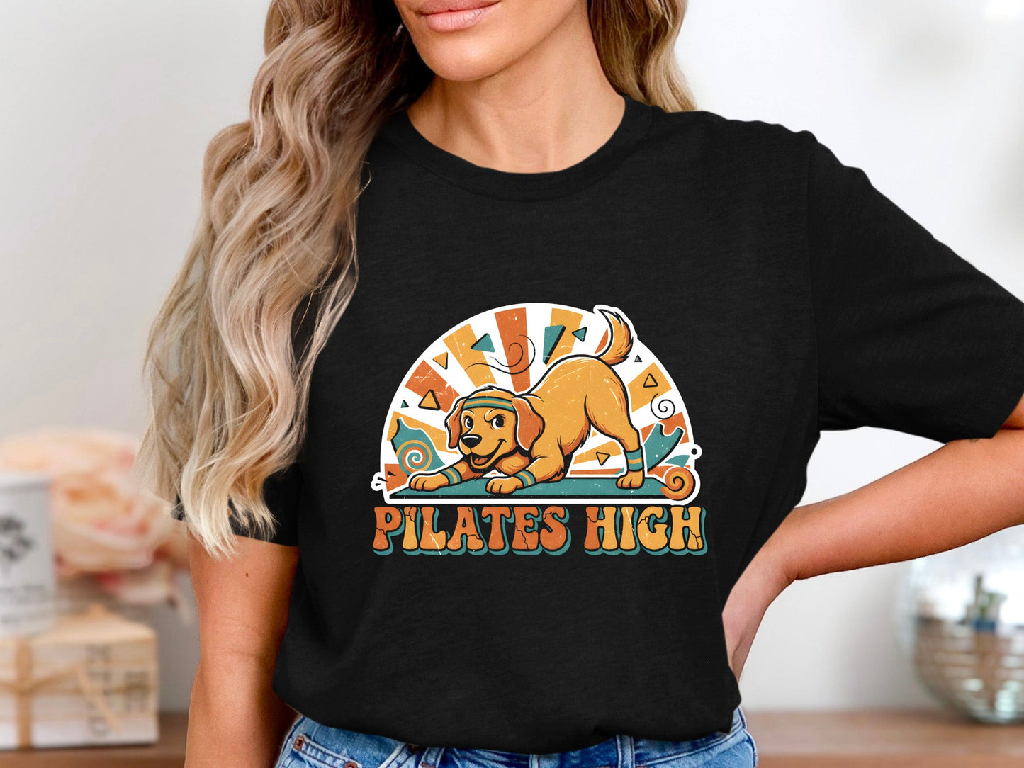 Pilates High Dog Graphic T-Shirt - Vintage Sun Design
