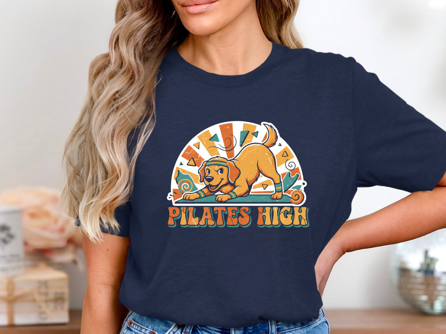 Pilates High Dog Graphic T-Shirt - Vintage Sun Design