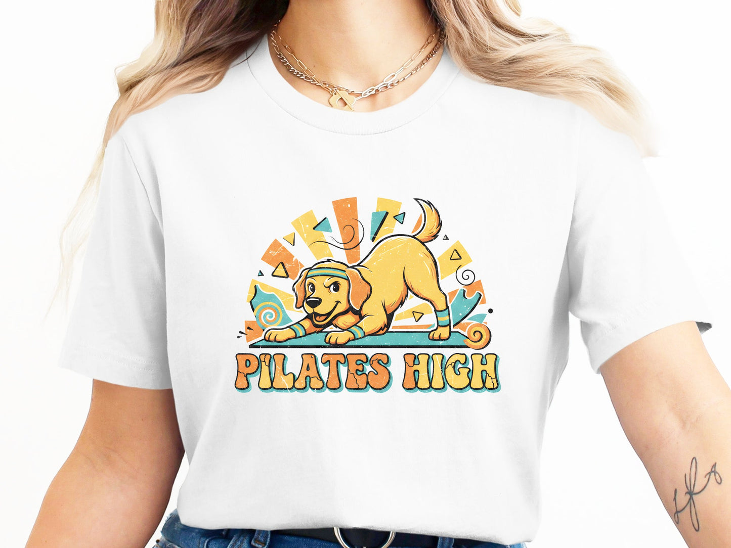 Pilates High Dog Graphic T-Shirt - Vintage Sun Design