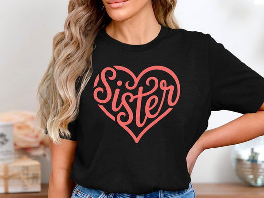 Classic Sister Pink Heart Tee - Minimalist Sibling Graphic Top