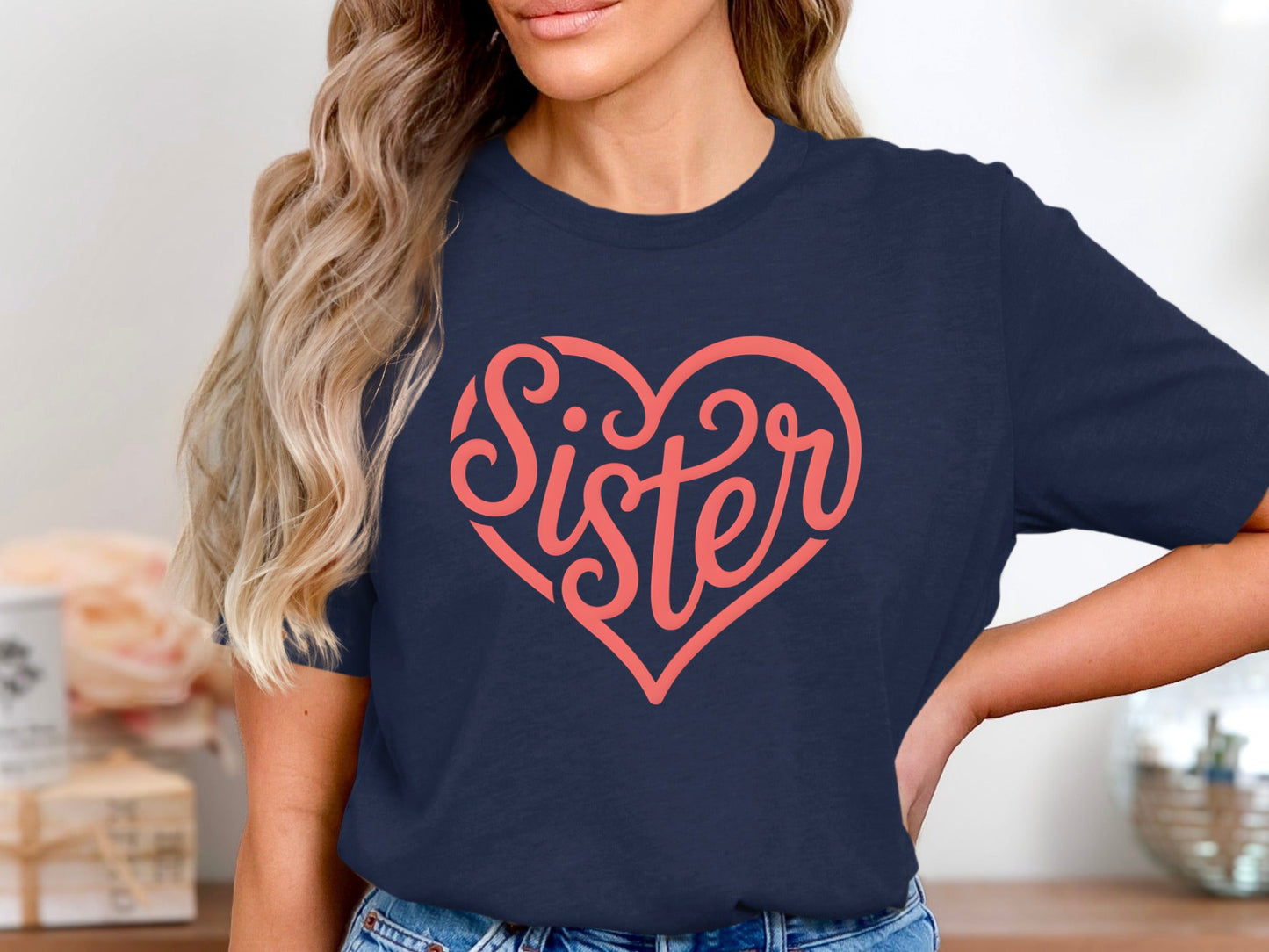 Classic Sister Pink Heart Tee - Minimalist Sibling Graphic Top