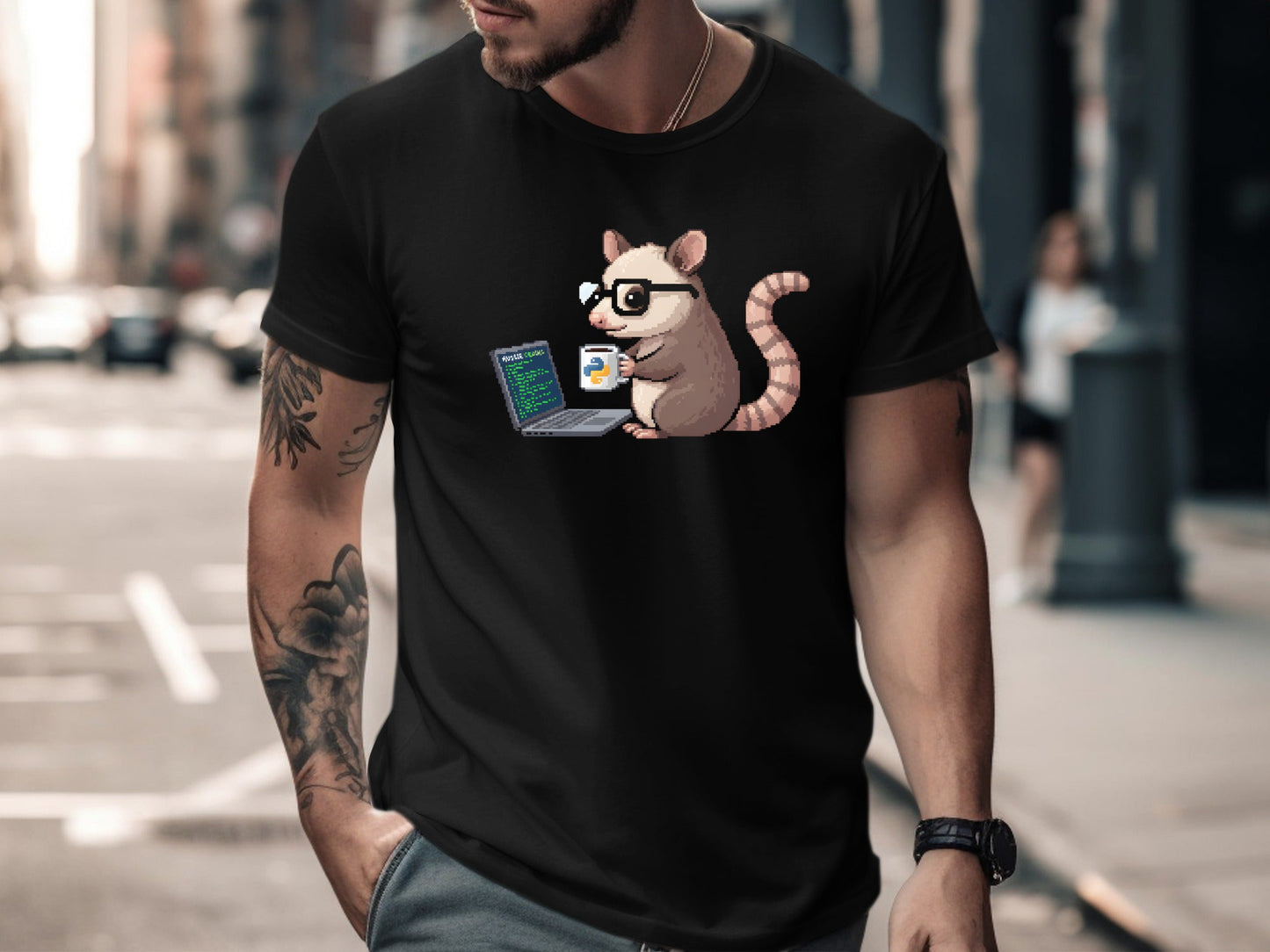Pixel Art Coding Opossum T-Shirt - Retro Programmer  Tee