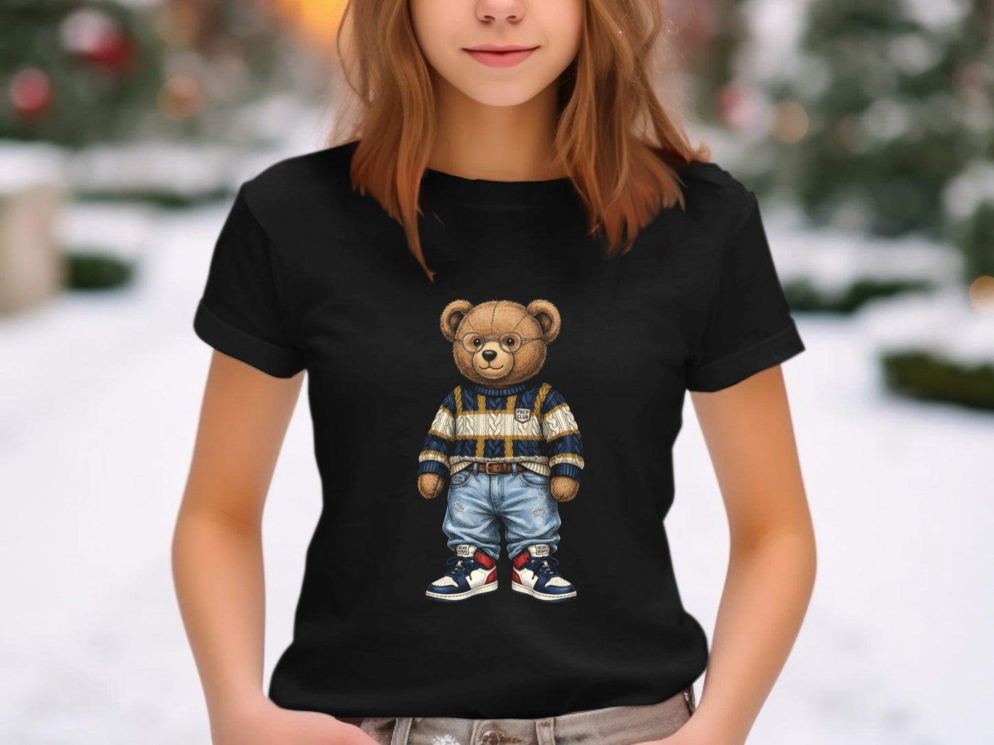 Preppy Teddy Bear Fashion Illustration Black T-Shirt