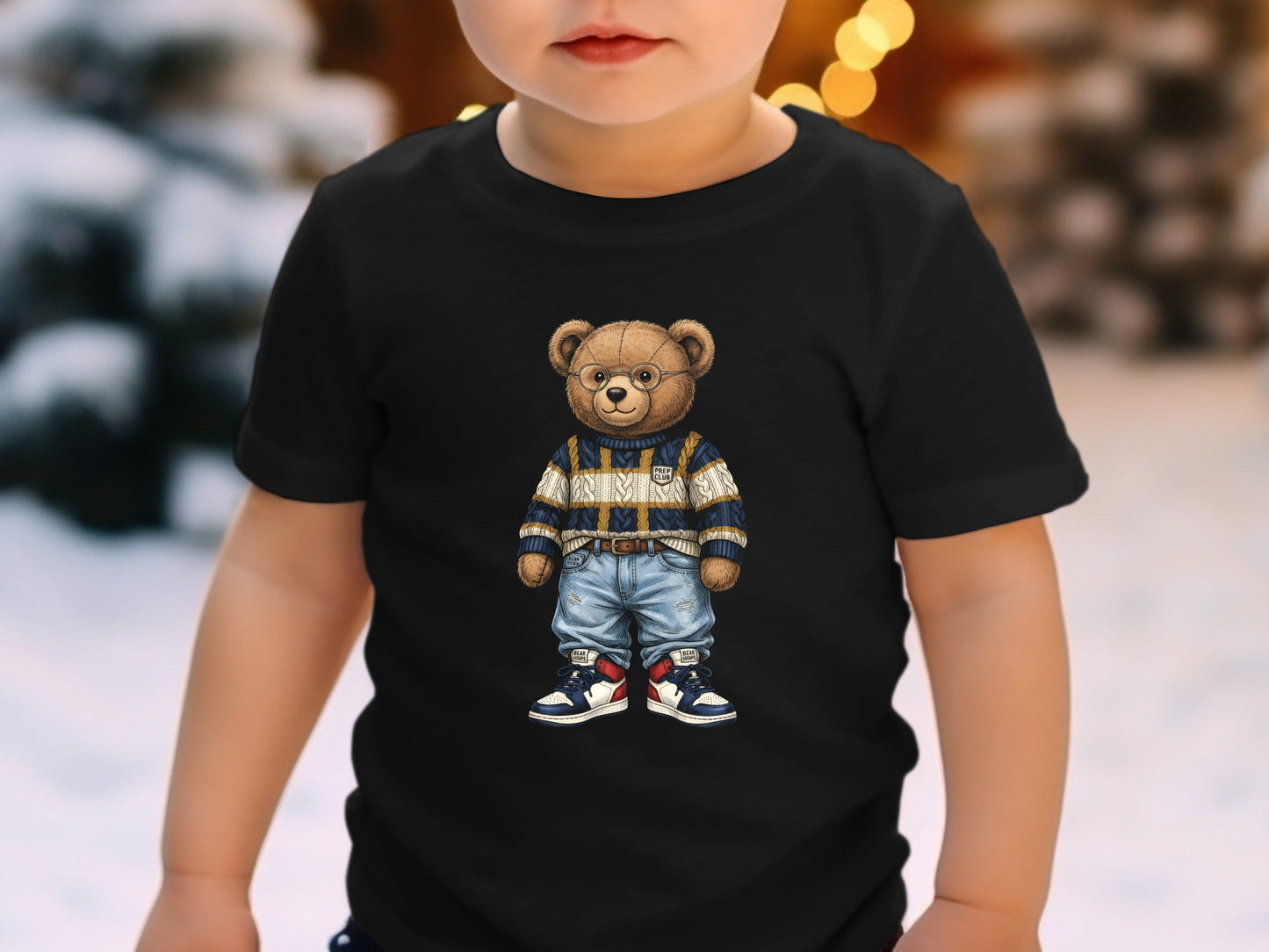 Preppy Teddy Bear Fashion Illustration Black T-Shirt