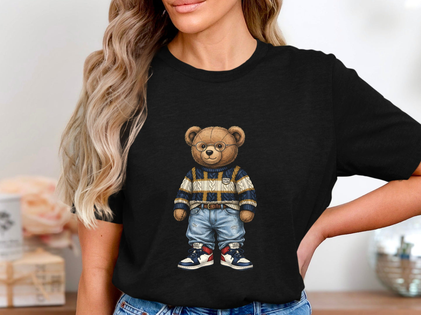 Preppy Teddy Bear Fashion Illustration Black T-Shirt