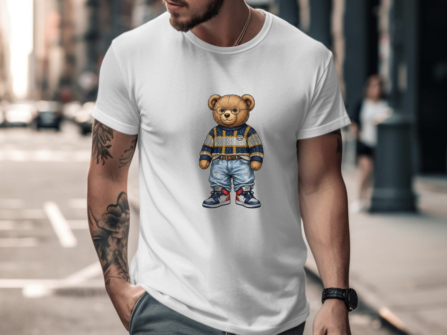Preppy Teddy Bear Fashion Illustration Black T-Shirt