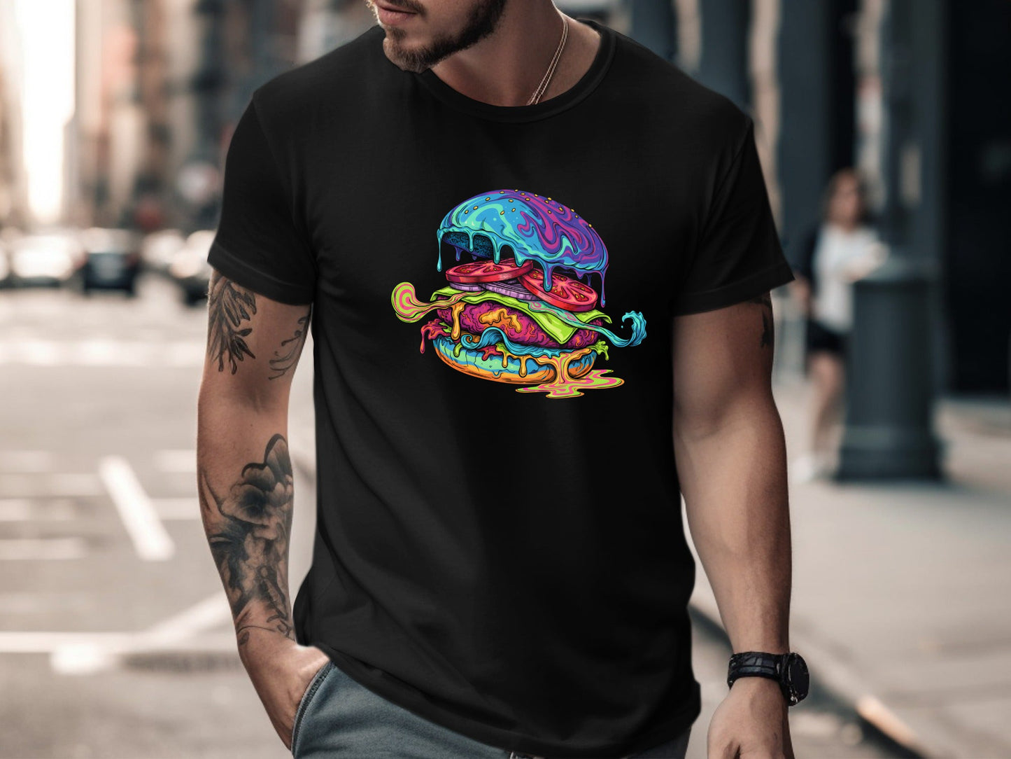 Psychedelic Melting Burger T-Shirt - Trippy Food Art  Tee