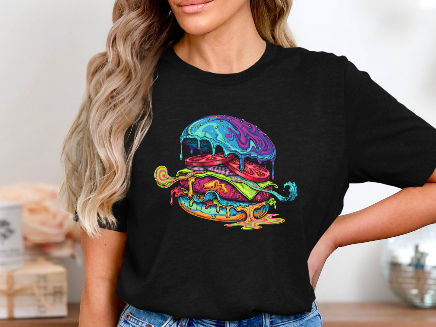 Psychedelic Melting Burger T-Shirt - Trippy Food Art  Tee