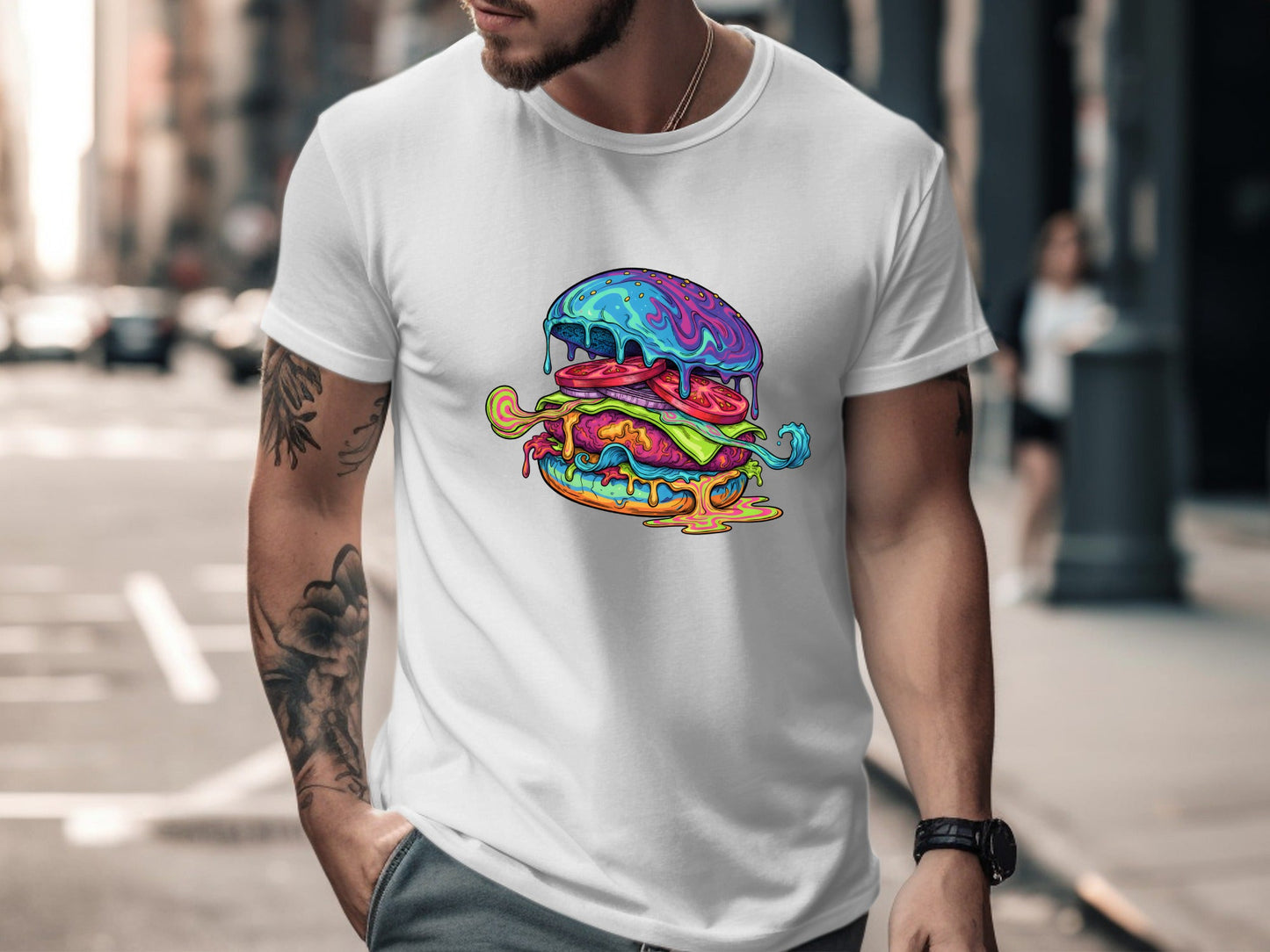 Psychedelic Melting Burger T-Shirt - Trippy Food Art  Tee