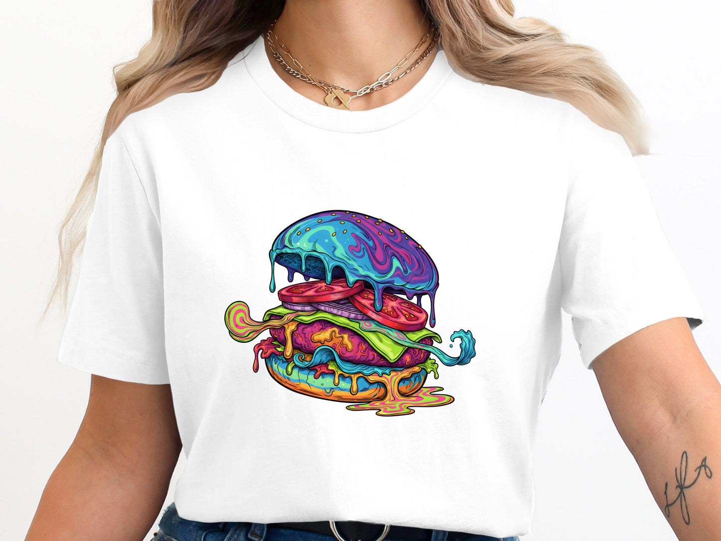 Psychedelic Melting Burger T-Shirt - Trippy Food Art  Tee