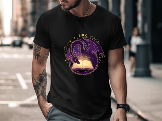 The Scholar's Dragon T-Shirt - Mystical Purple Library Tee