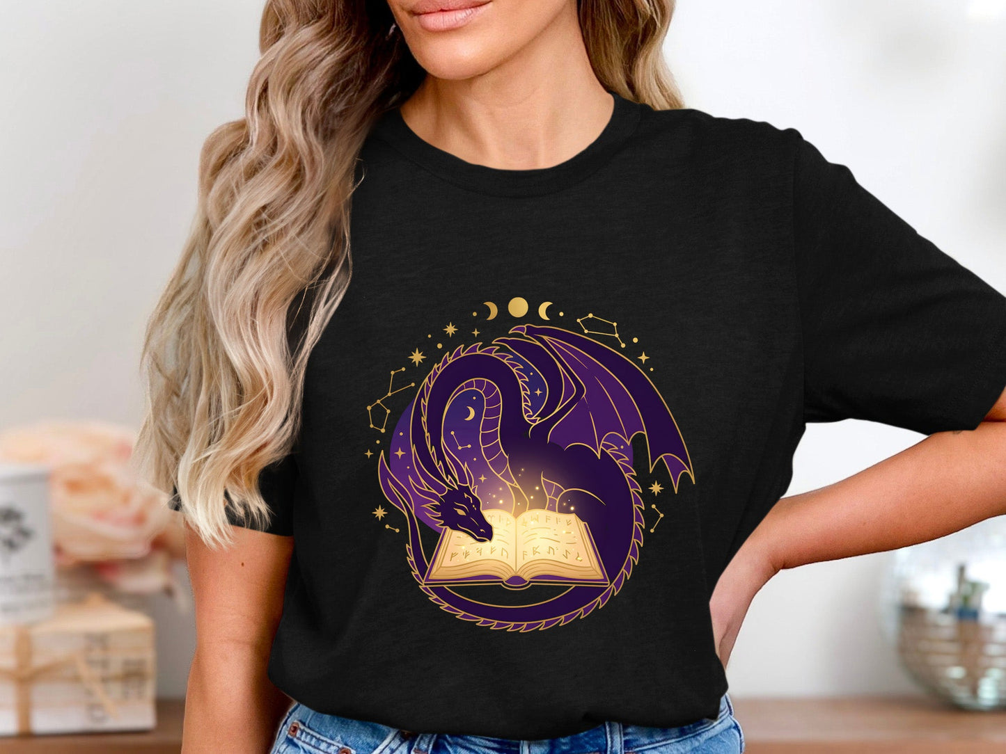 The Scholar's Dragon T-Shirt - Mystical Purple Library Tee