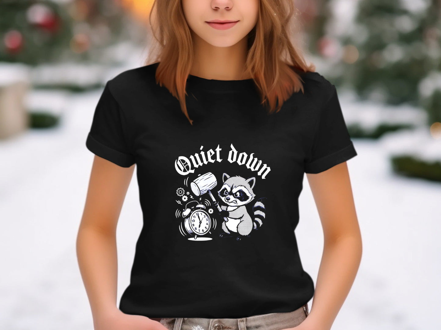 Quiet Down Raccoon Smashing Alarm Clock Funny Tee