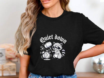 Quiet Down Raccoon Smashing Alarm Clock Funny Tee