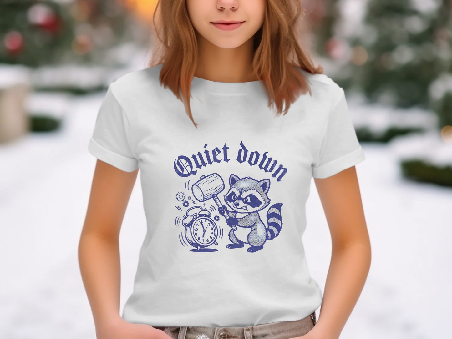Quiet Down Raccoon Smashing Alarm Clock Funny Tee