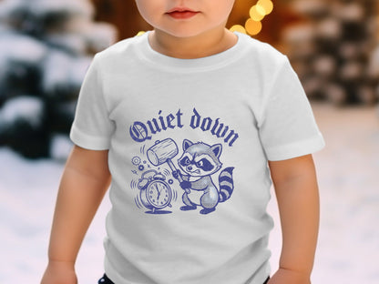 Quiet Down Raccoon Smashing Alarm Clock Funny Tee