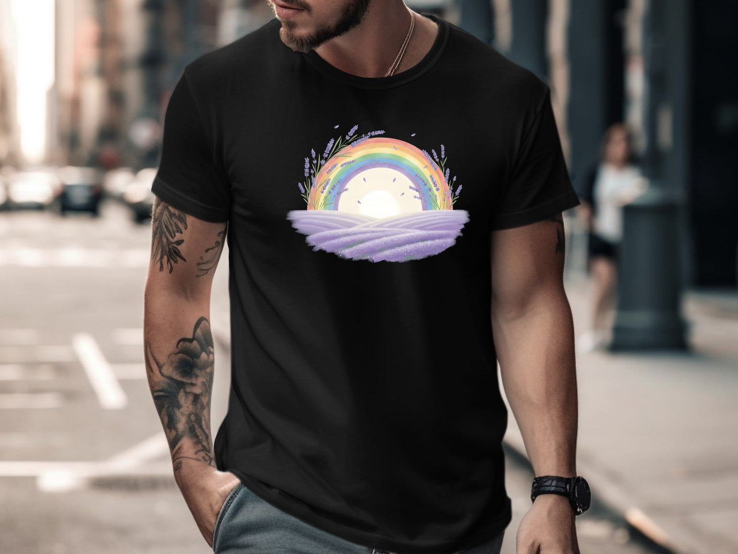 Rainbow Over Lavender Field T-Shirt - Black / Cottagecore Pride