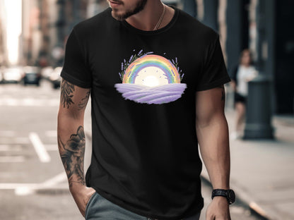 Rainbow Over Lavender Field T-Shirt - Black / Cottagecore Pride