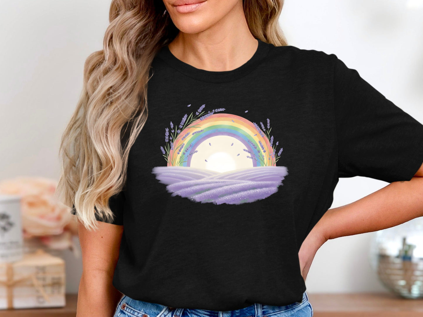 Rainbow Over Lavender Field T-Shirt - Black / Cottagecore Pride