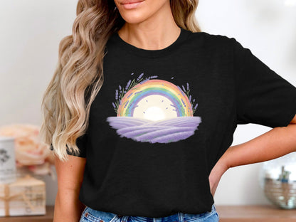 Rainbow Over Lavender Field T-Shirt - Black / Cottagecore Pride