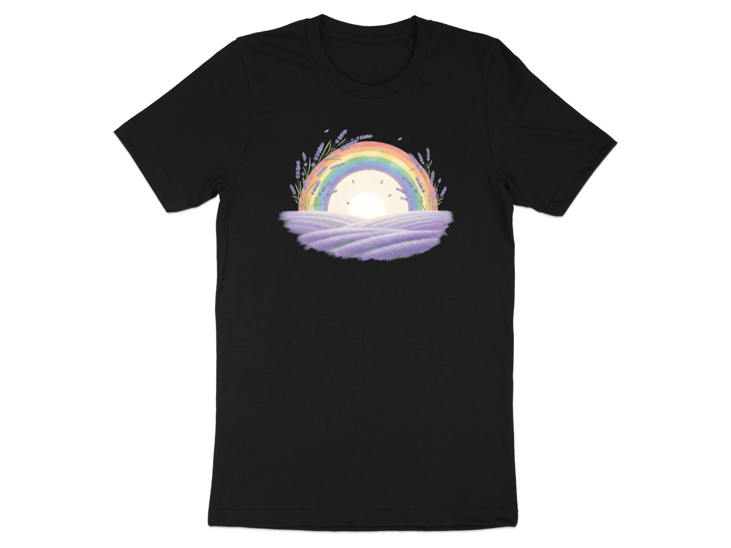 Rainbow Over Lavender Field T-Shirt - Black / Cottagecore Pride