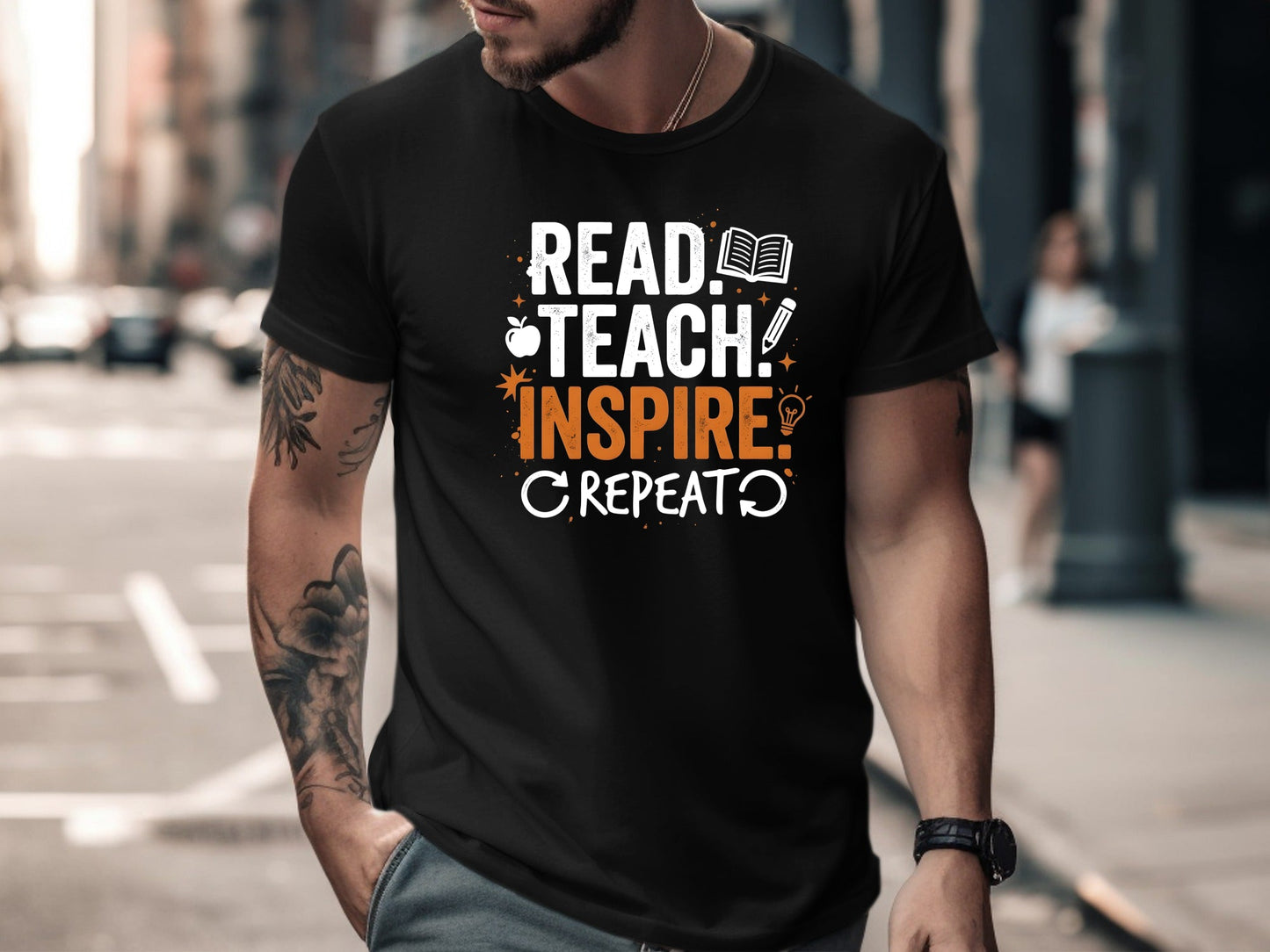 Read Teach Inspire Repeat T-Shirt - Educator Motto Tee