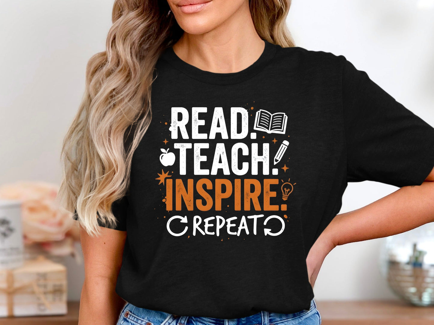 Read Teach Inspire Repeat T-Shirt - Educator Motto Tee