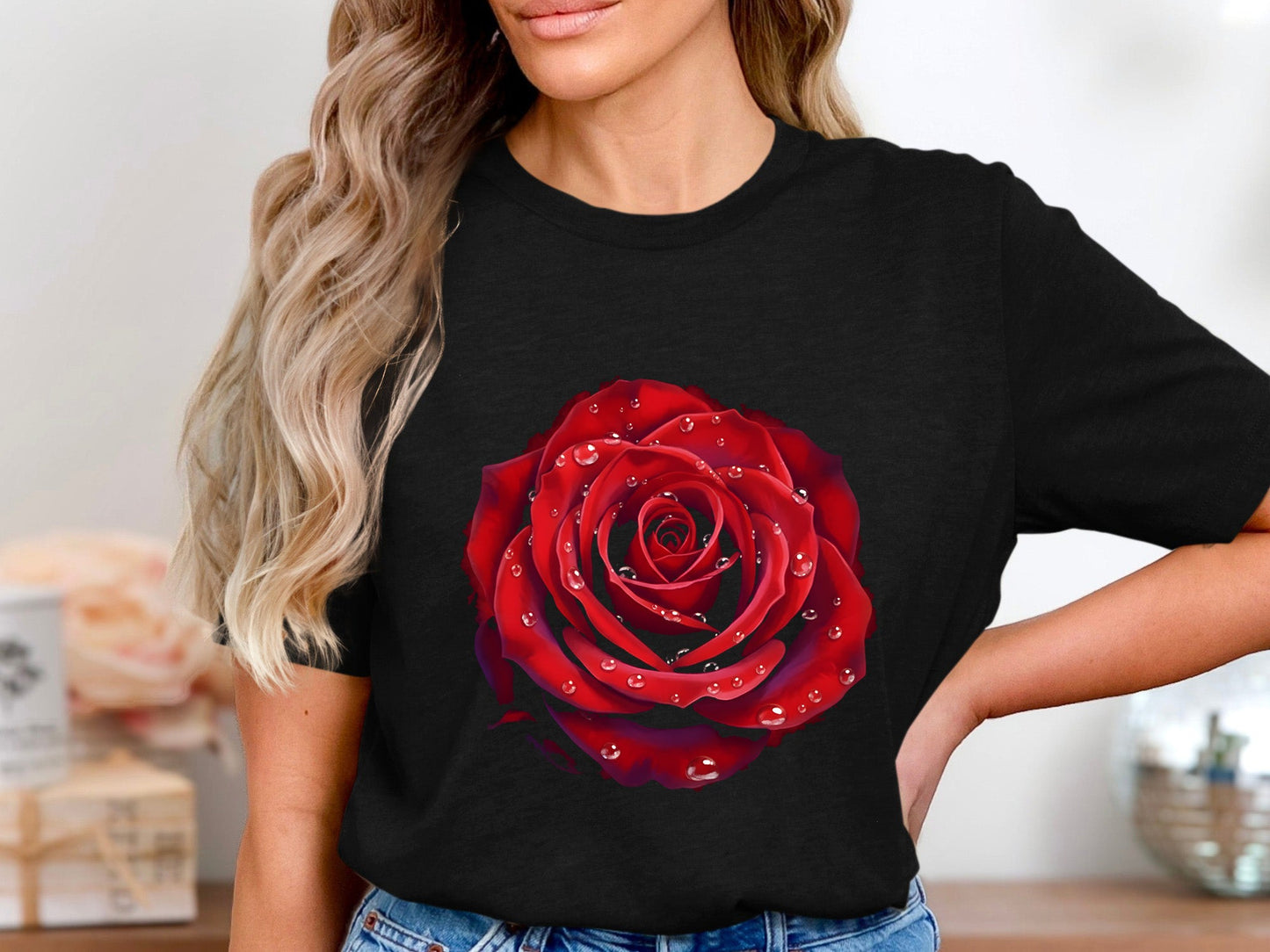 Hyper-Realistic Dewy Red Rose T-Shirt