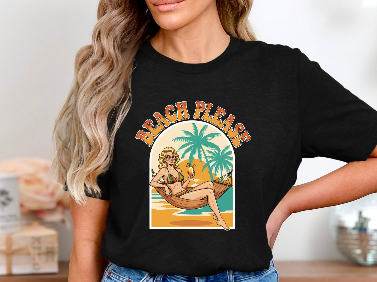 "Beach Please" Retro Summer Slogan T-Shirt