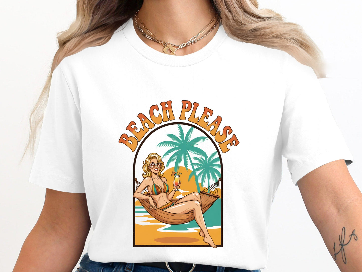 "Beach Please" Retro Summer Slogan T-Shirt