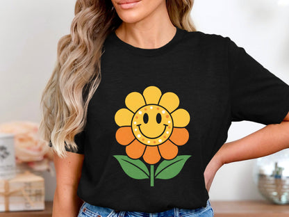Retro Smiley Sunflower Graphic T-Shirt