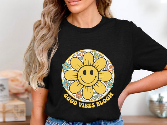 Good Vibes Bloom Retro Smiley Flower T-Shirt