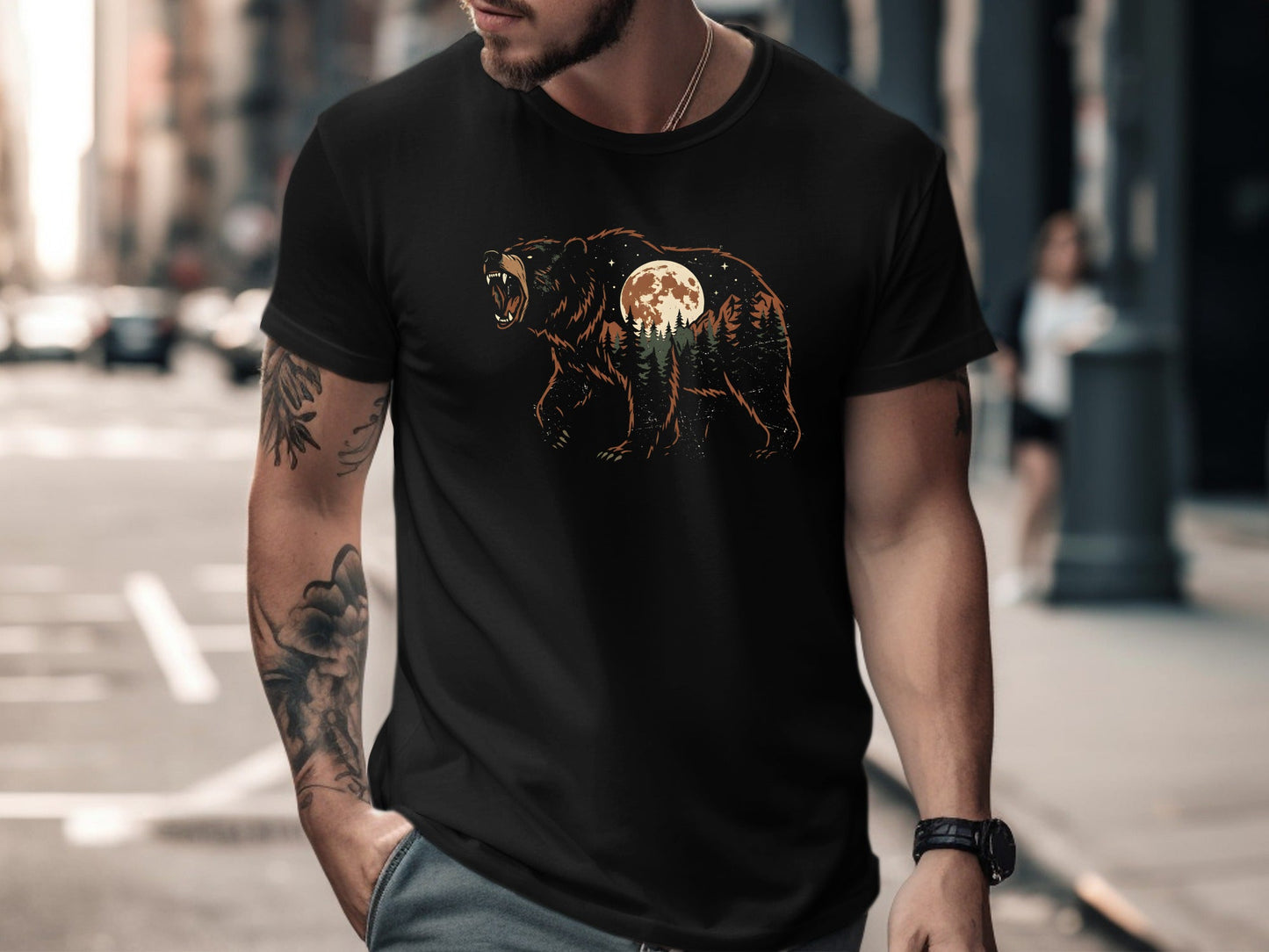 Roaring Bear Forest Moon Double Exposure T-Shirt