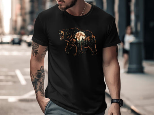 Roaring Bear Forest Moon Double Exposure T-Shirt