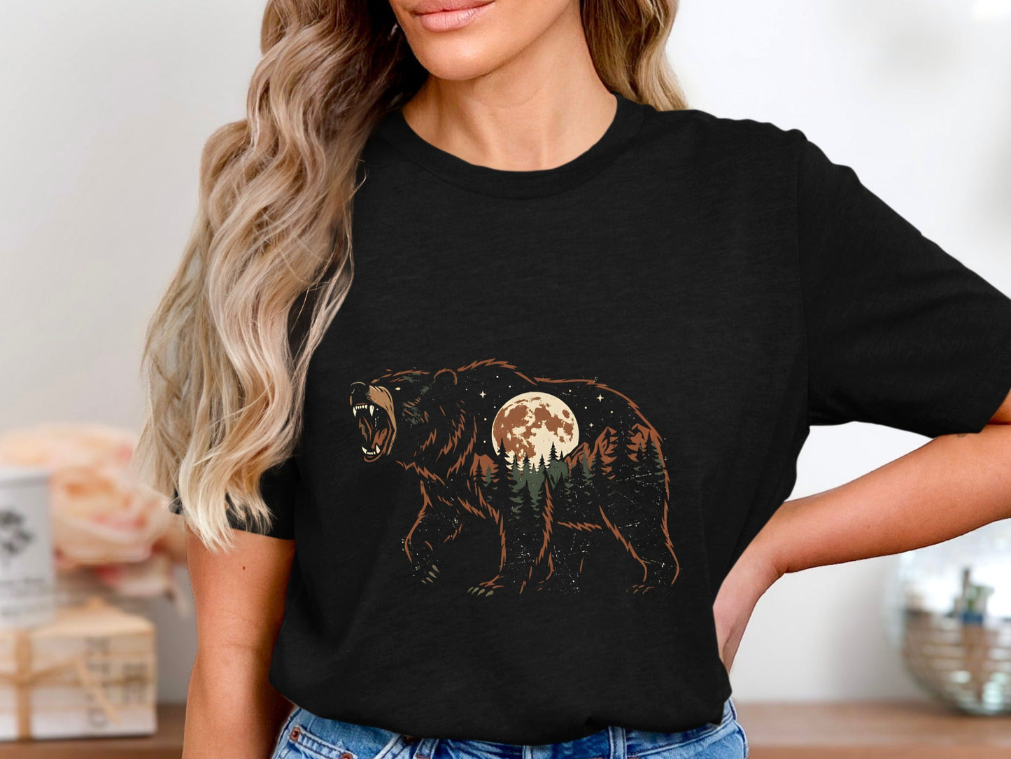 Roaring Bear Forest Moon Double Exposure T-Shirt