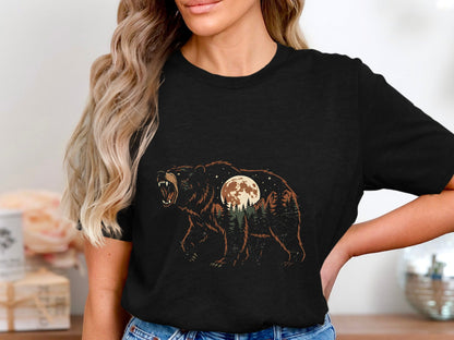 Roaring Bear Forest Moon Double Exposure T-Shirt