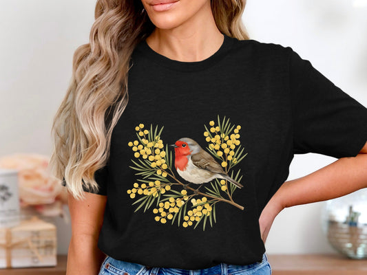 Robin & Yellow Mimosa T-Shirt - Australian Botanical Art