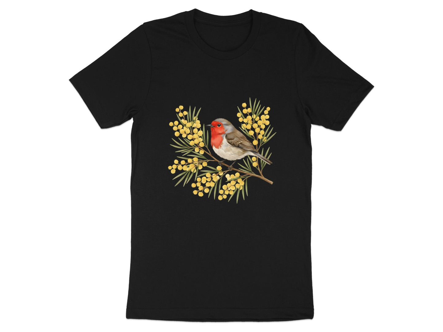 Robin & Yellow Mimosa T-Shirt - Australian Botanical Art
