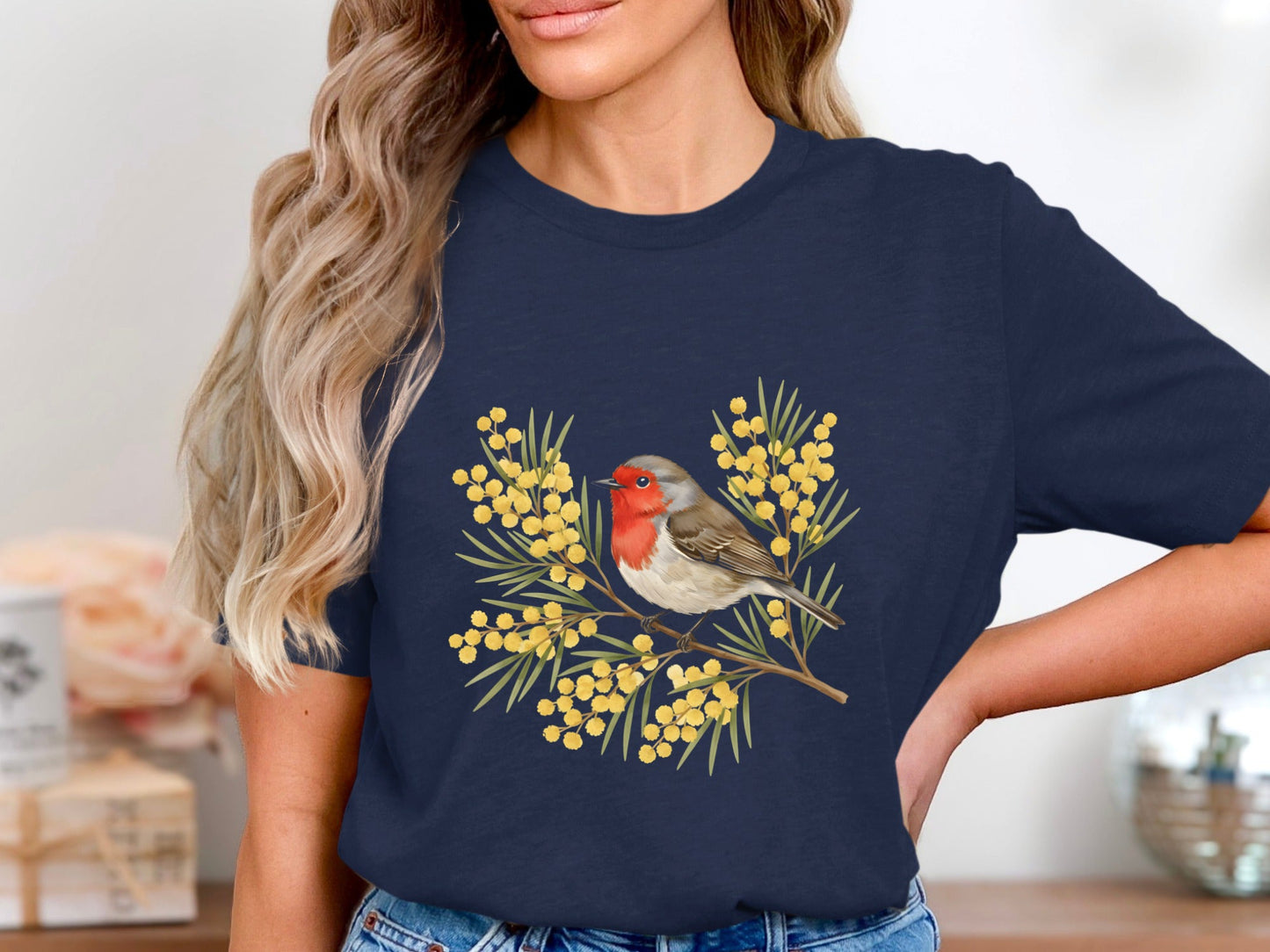 Robin & Yellow Mimosa T-Shirt - Australian Botanical Art