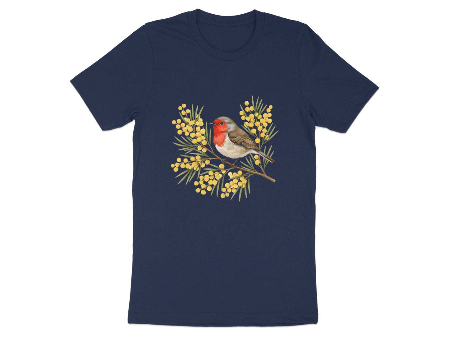 Robin & Yellow Mimosa T-Shirt - Australian Botanical Art