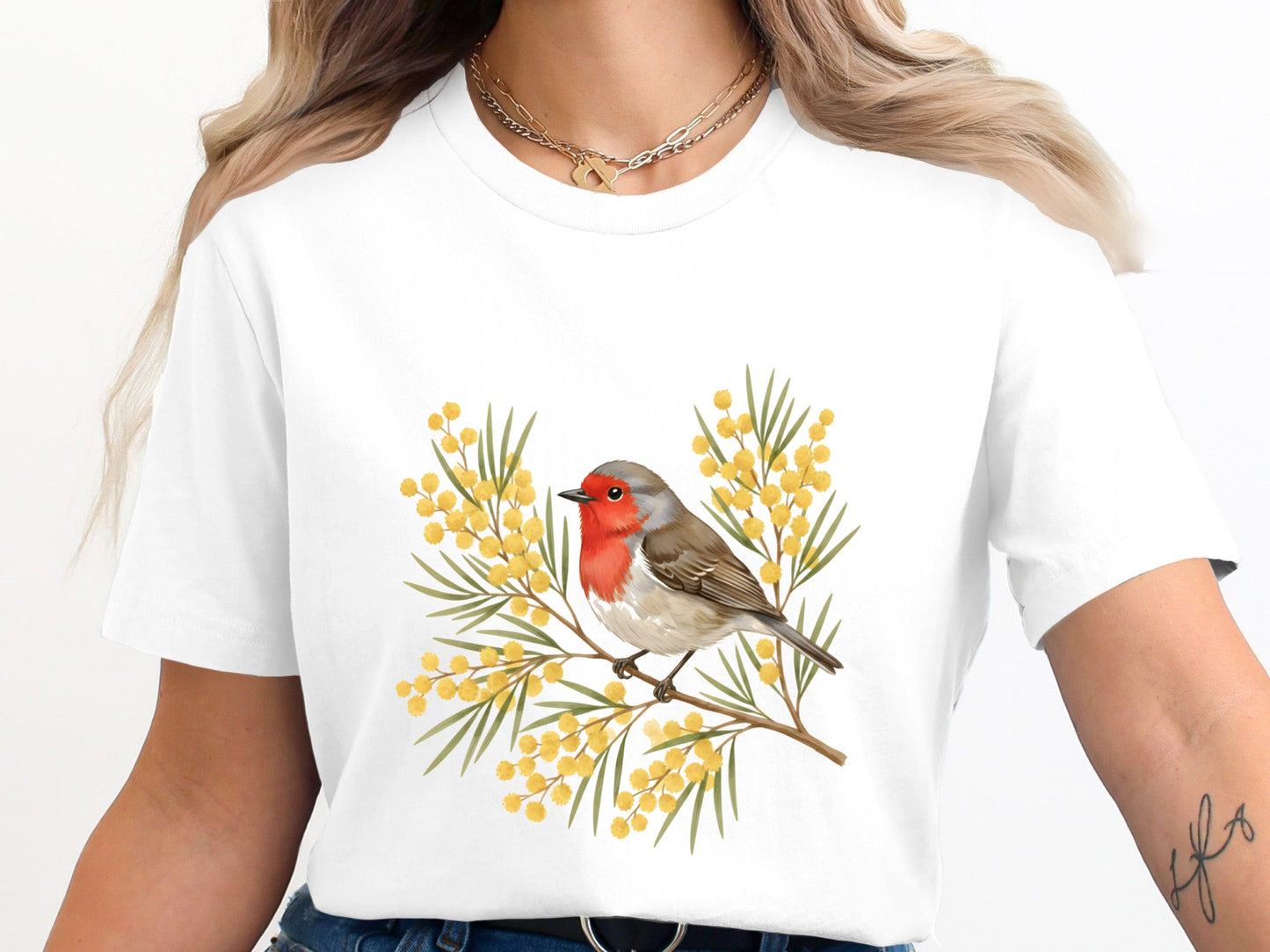 Robin & Yellow Mimosa T-Shirt - Australian Botanical Art