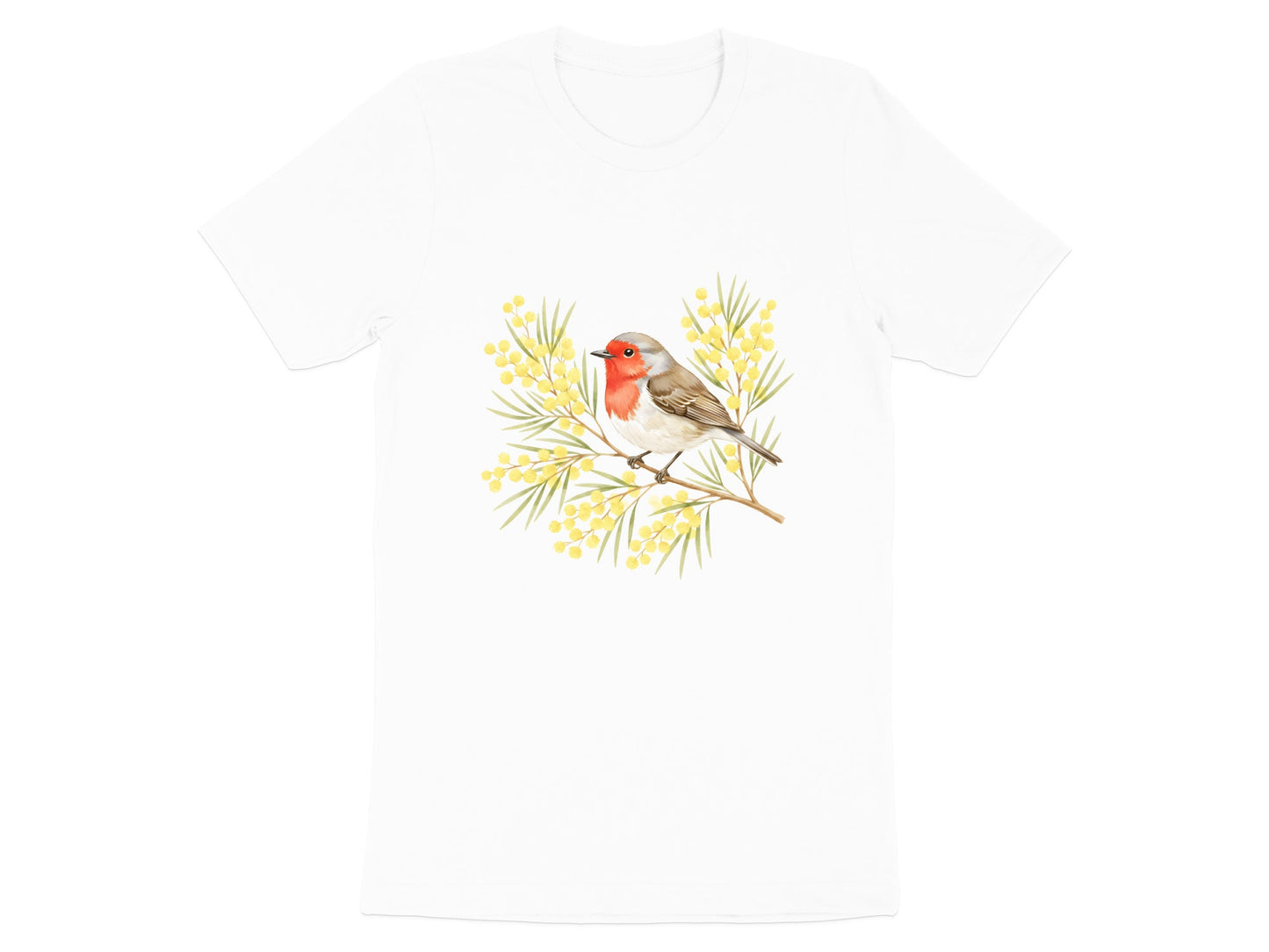 Robin & Yellow Mimosa T-Shirt - Australian Botanical Art