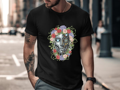 Cybernetic Floral Android T-Shirt - Mechanical Rose Design