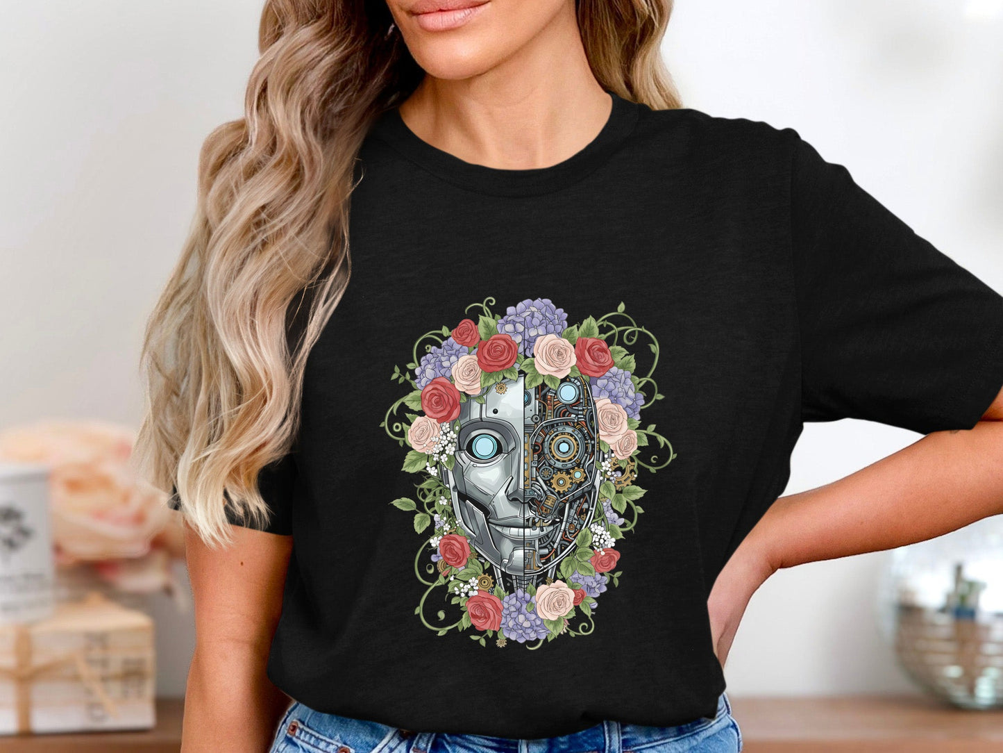 Cybernetic Floral Android T-Shirt - Mechanical Rose Design