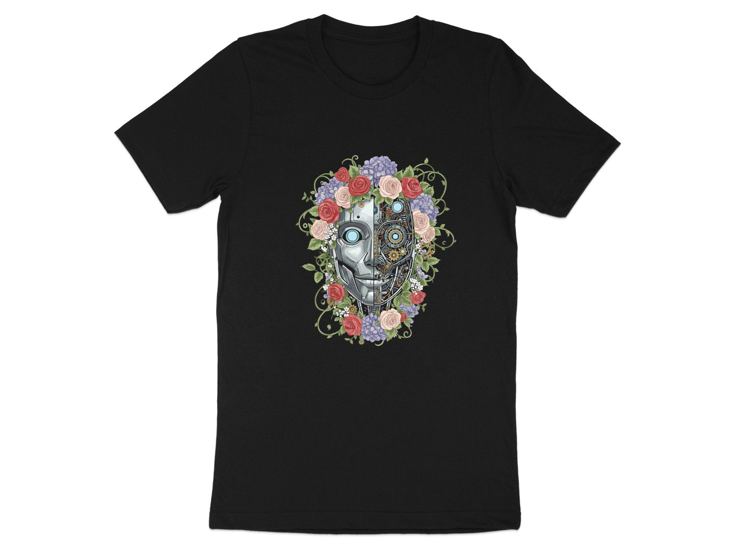 Cybernetic Floral Android T-Shirt - Mechanical Rose Design