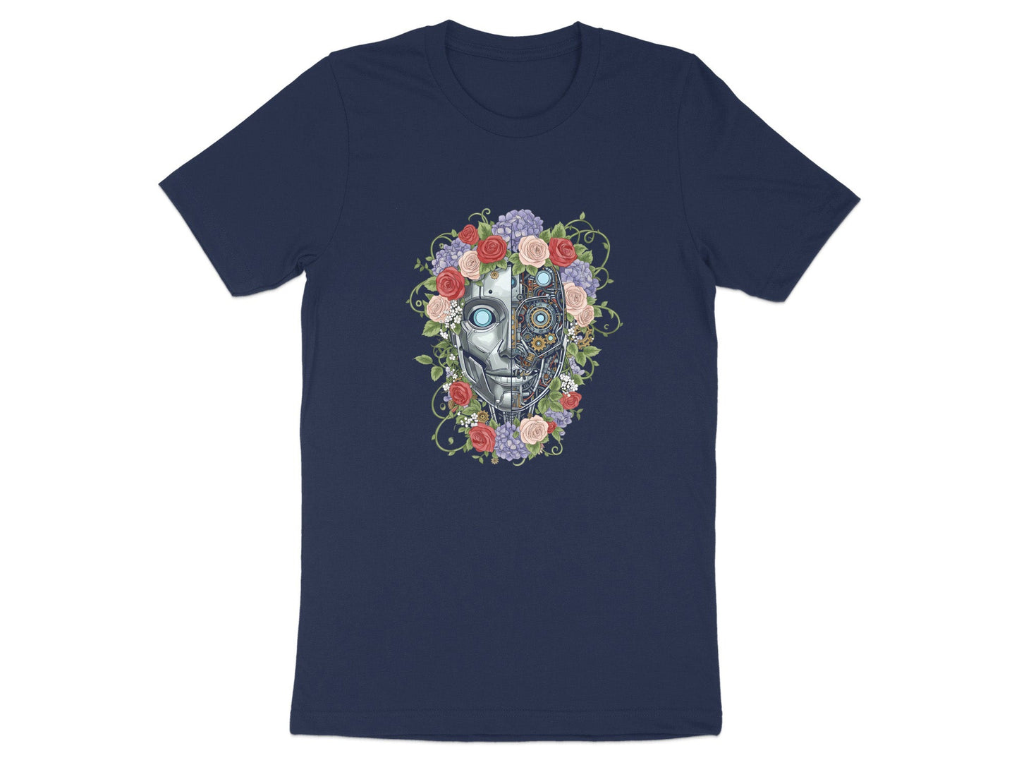 Cybernetic Floral Android T-Shirt - Mechanical Rose Design